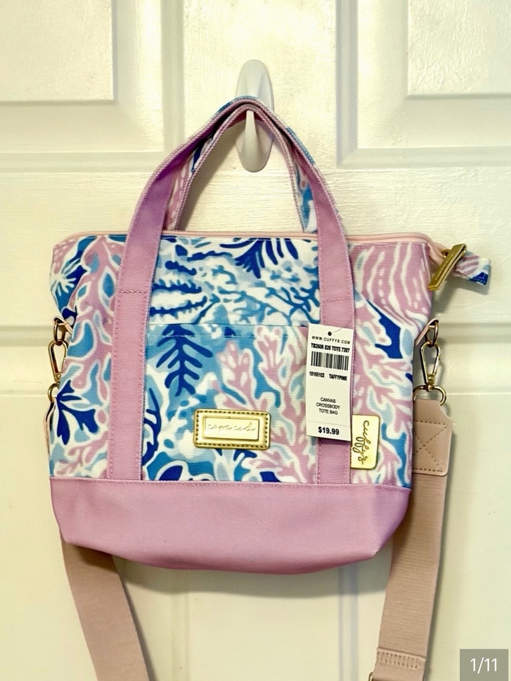 Cuffys-Cape cod pink & blue Canvas Tote with cross body.